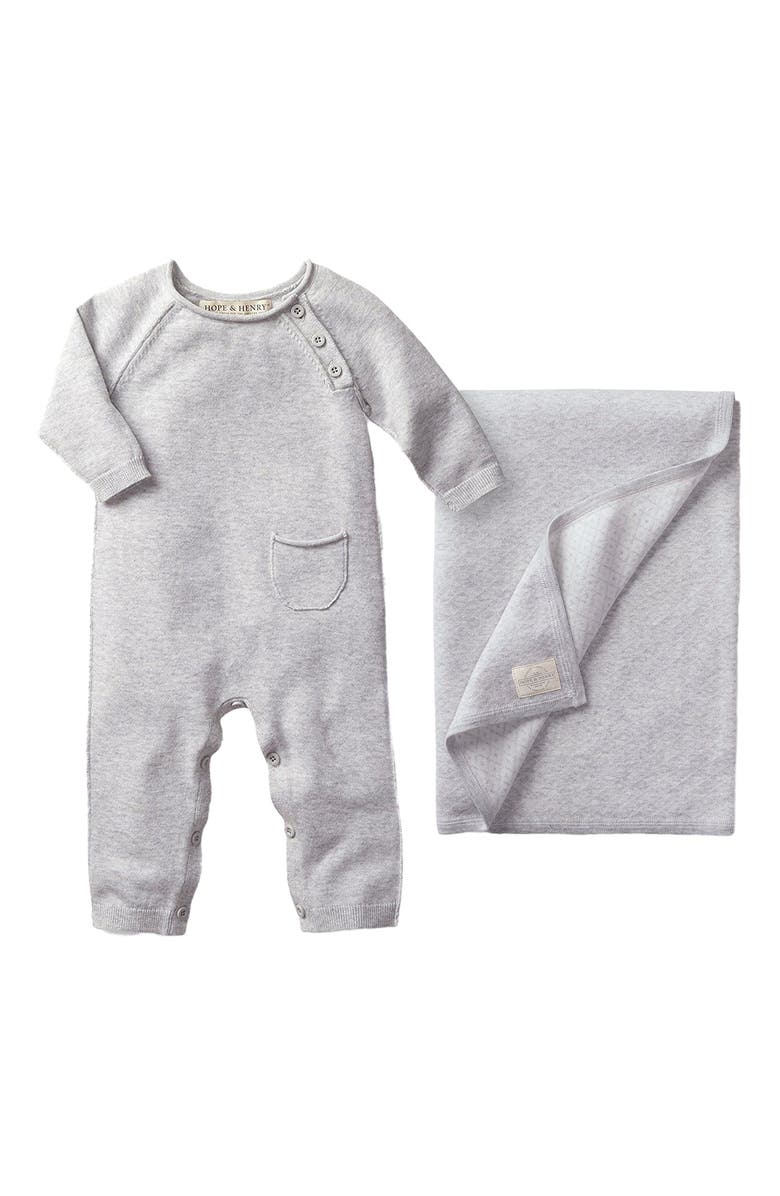 Hope & Henry Baby Raglan Knit Romper & Jacquard Blanket Gift Set, Main, color, Light Heather Grey