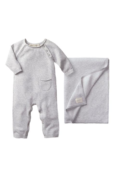 Baby Raglan Knit Romper & Jacquard Blanket Gift Set