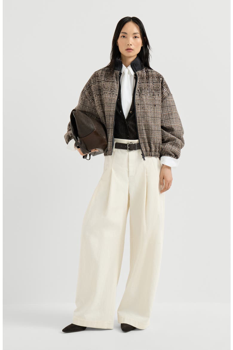 Checked alpaca and wool bomber jacket with dazzling degradé embroidery and Thermore® padding, Alternate, color, Brown