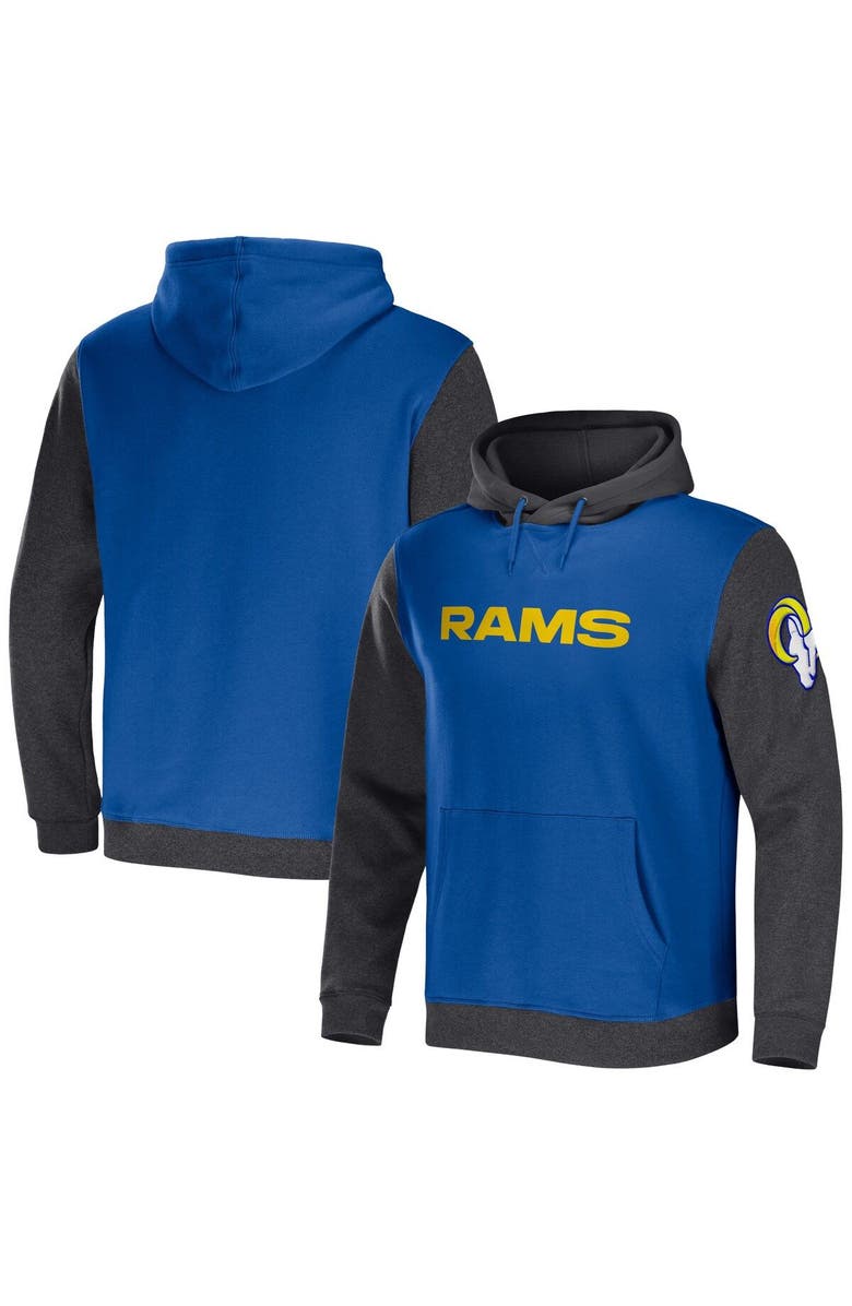 NFL X DARIUS RUCKER Men's NFL x Darius Rucker Collection by Fanatics Royal/Heather Charcoal Los Angeles Rams Colorblock Pullover Hoodie, Main, color, 