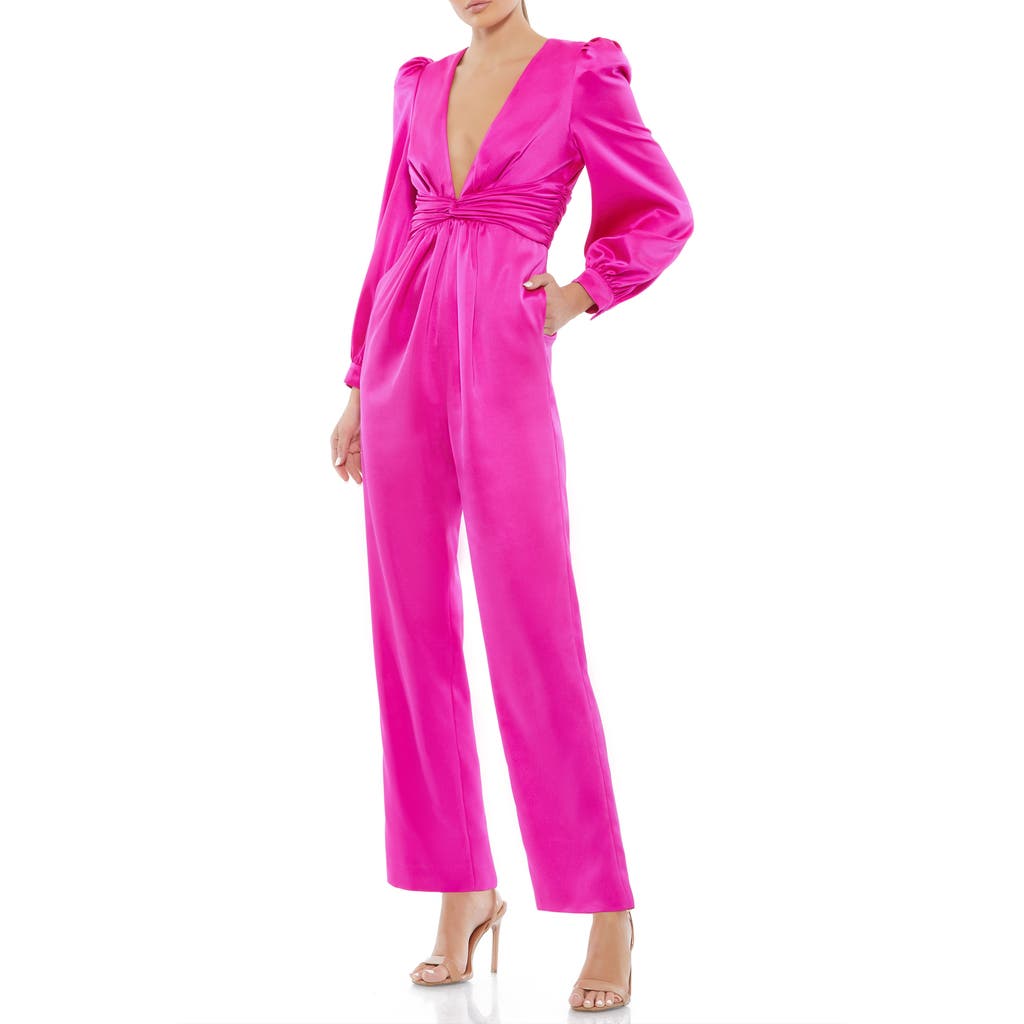 Mac Duggal Front Twist Puff Sleeve Deep V Jumpsuit