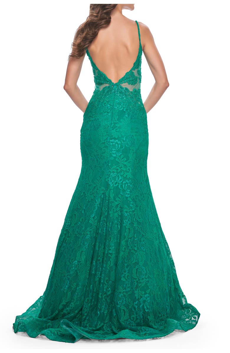 La Femme Long Mermaid Lace Dress with Back Rhinestone Detail, Alternate, color, Jade