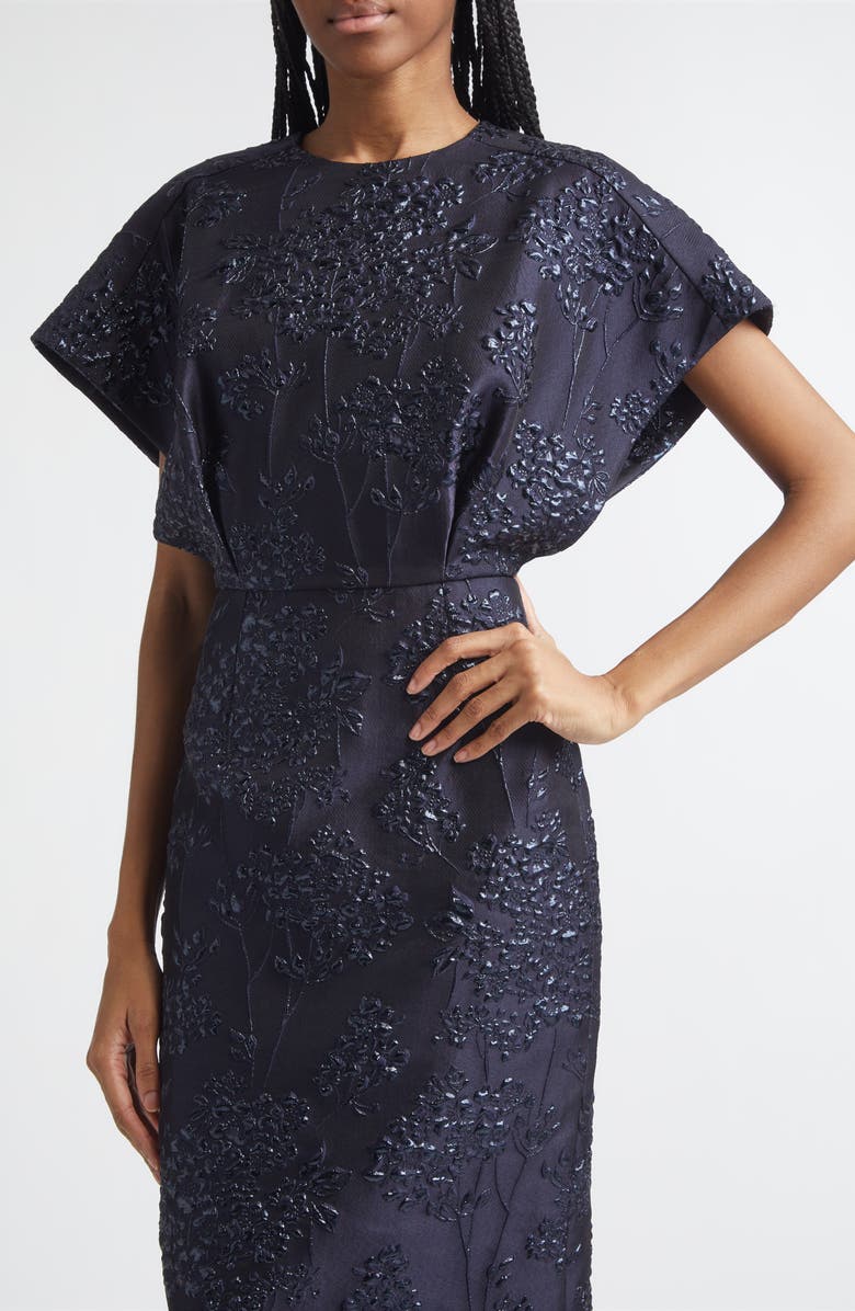Carolina Herrera Fan Bodice Floral Metallic Jacquard Column Gown, Alternate, color, Midnight