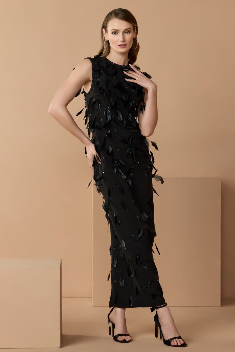 High Neck Sleeveless Feather Embellished Dress, Alternate, color, Black