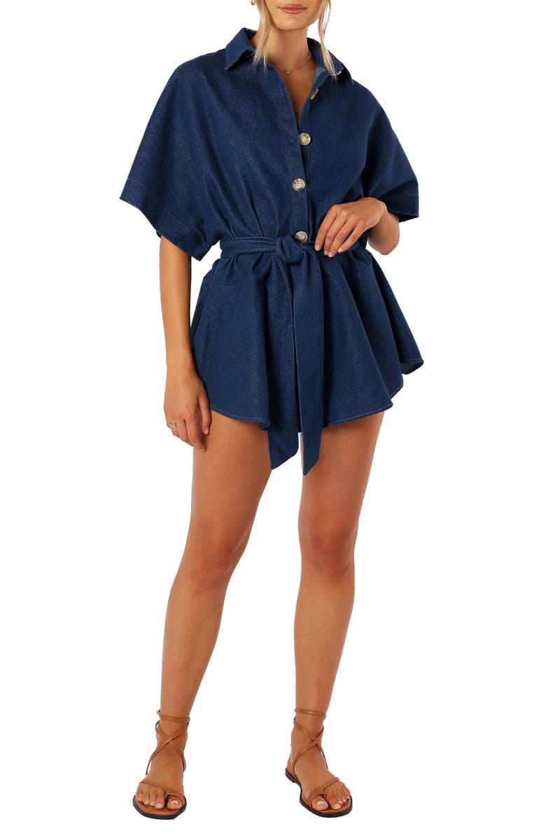 Petal & Pup Harriette Tie Waist Denim Romper, Main, color, 