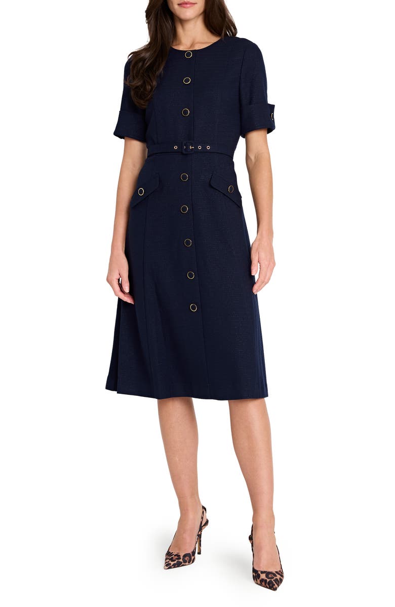 Tahari ASL Belted Metallic Bouclé Dress, Main, color, Navy