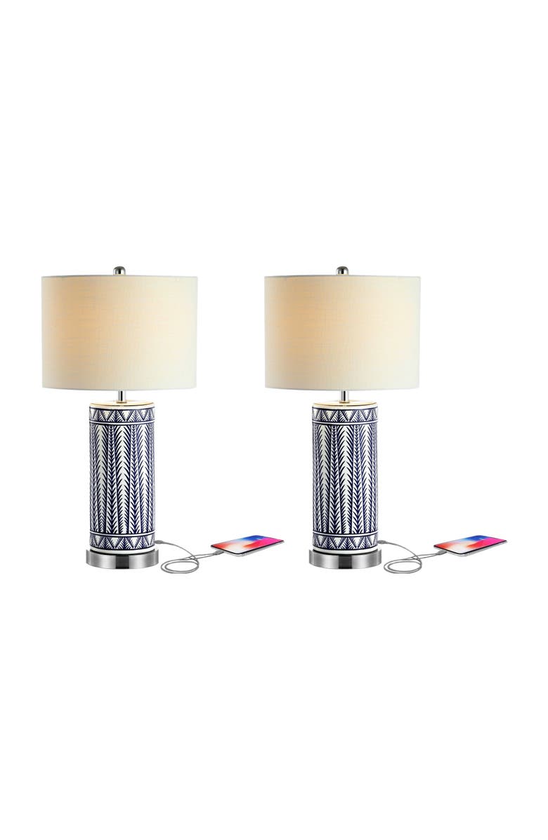 JONATHAN Y Sulka 27" Ceramic/Iron Contemporary USB Charging LED Table Lamp, Navy/Chrome, Main, color, Navy