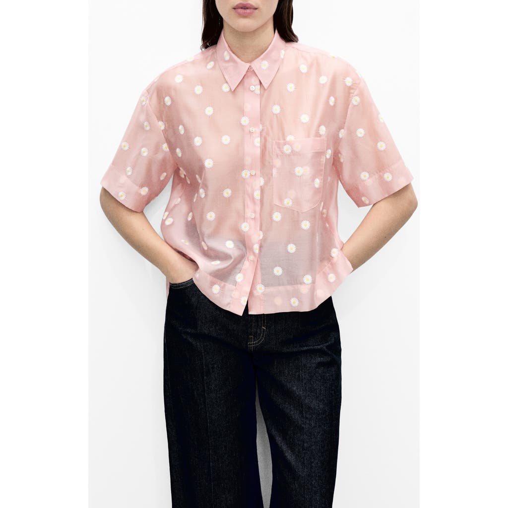 Mango Daisy Embroidered Short Sleeve Button-up Shirt
