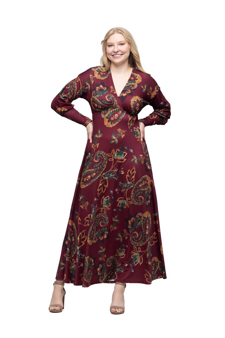Paisley Print Bishop Sleeve A Line Maxi Dress, Main, color, Burgundy Multi