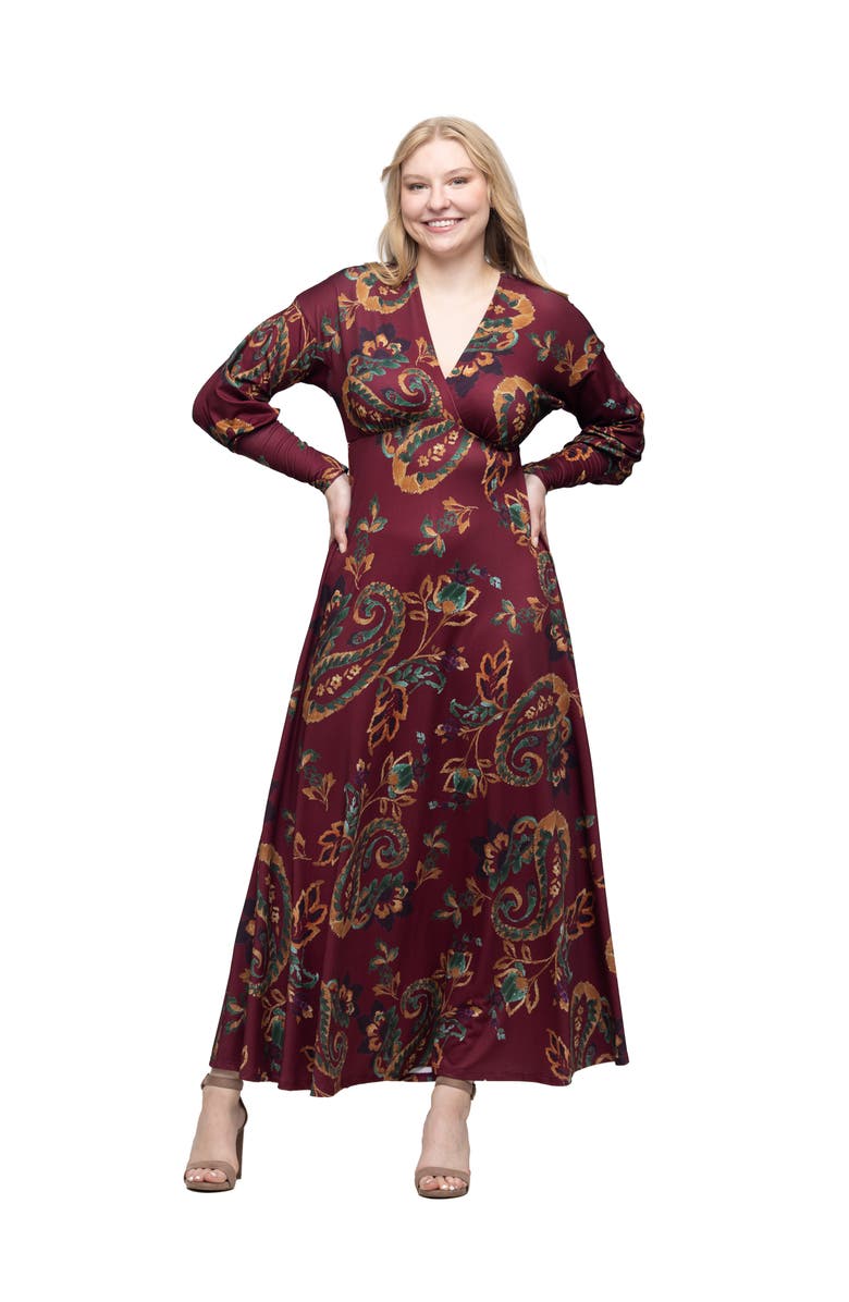 24seven Comfort Apparel Paisley Print Bishop Sleeve A Line Maxi Dress, Main, color, Burgundy Multi