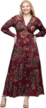 24seven Comfort Apparel Paisley Print Bishop Sleeve A Line Maxi Dress