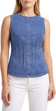 Bagatelle Pintucked Stretch Denim Peplum Top
