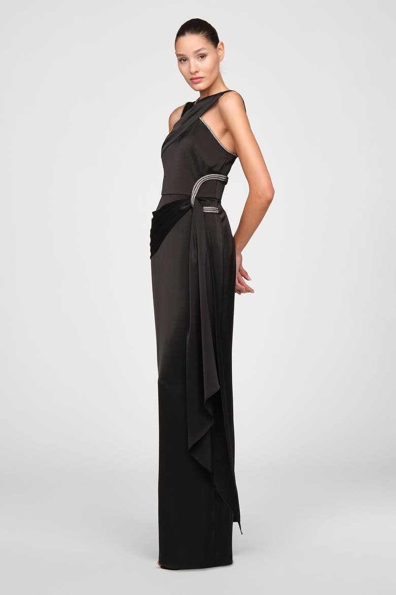 Cressida Halter Column Satin Gown, Alternate, color, Black
