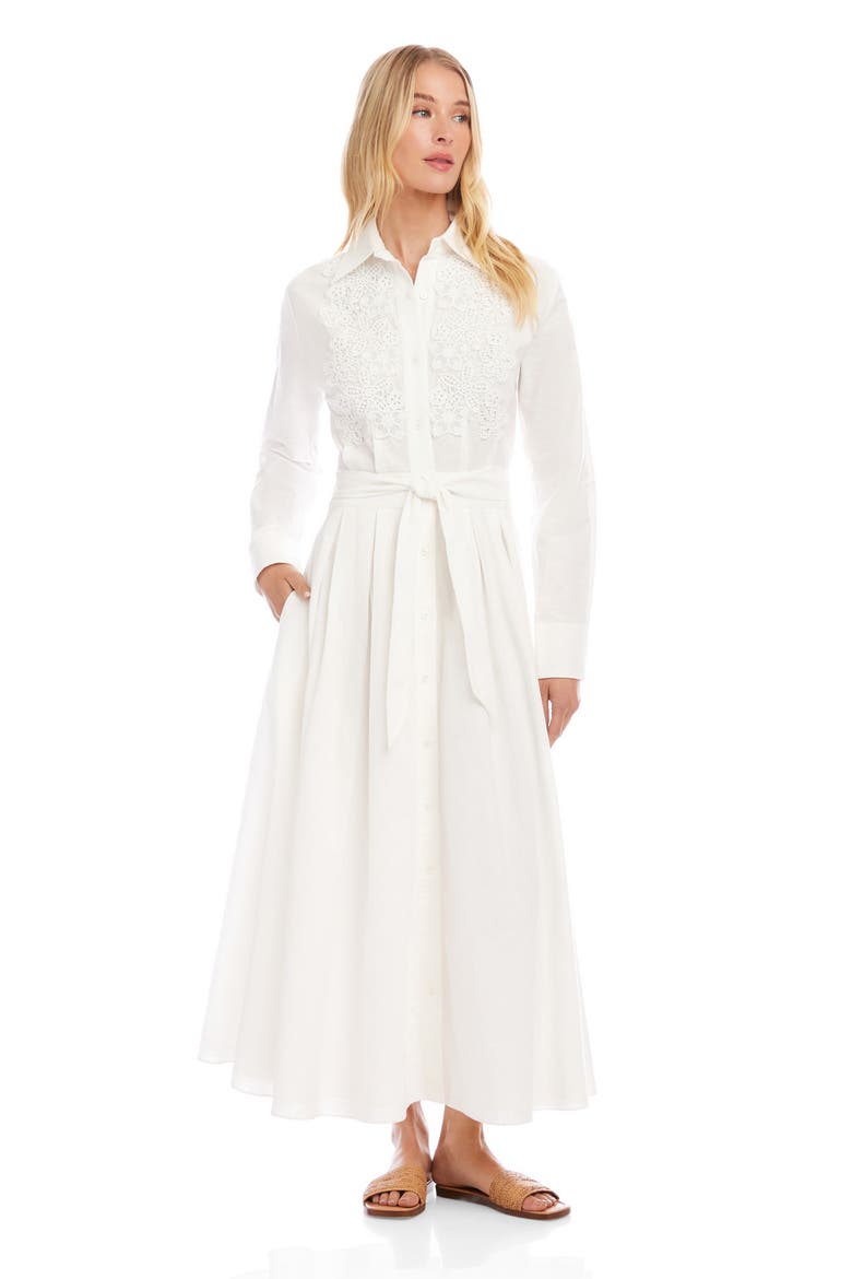 Floral Appliqué Long Sleeve Cotton & Linen Shirtdress, Alternate, color, OFF WHITE