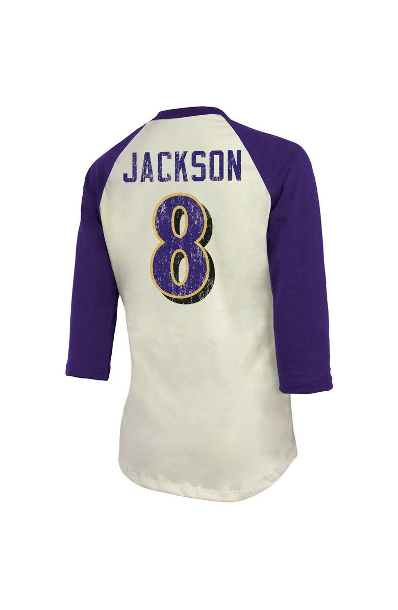 Majestic Threads Women's Fanatics Branded Lamar Jackson Cream/Purple Baltimore Ravens Player Raglan Name & Number Fitted 3/4-Sleeve T-Shirt, Alternate, color, 