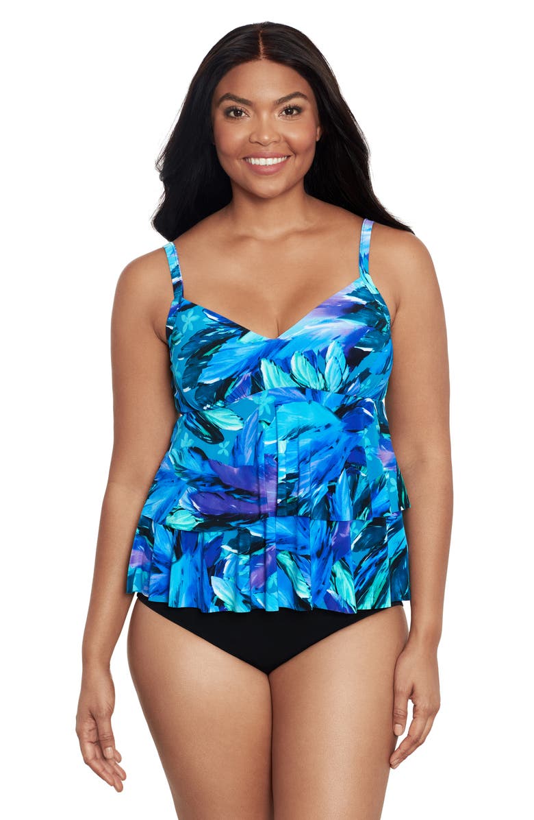Trimshaper Rylee V-Neck Tankini Swimsuit Top, Main, color, Swaying Tropics