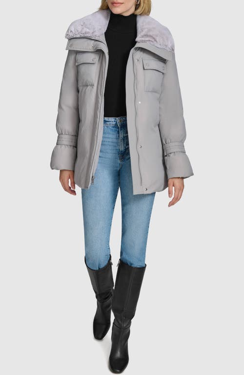 Andrew Marc Laken Faux Fur Trim Belted Puffer Coat In Gray