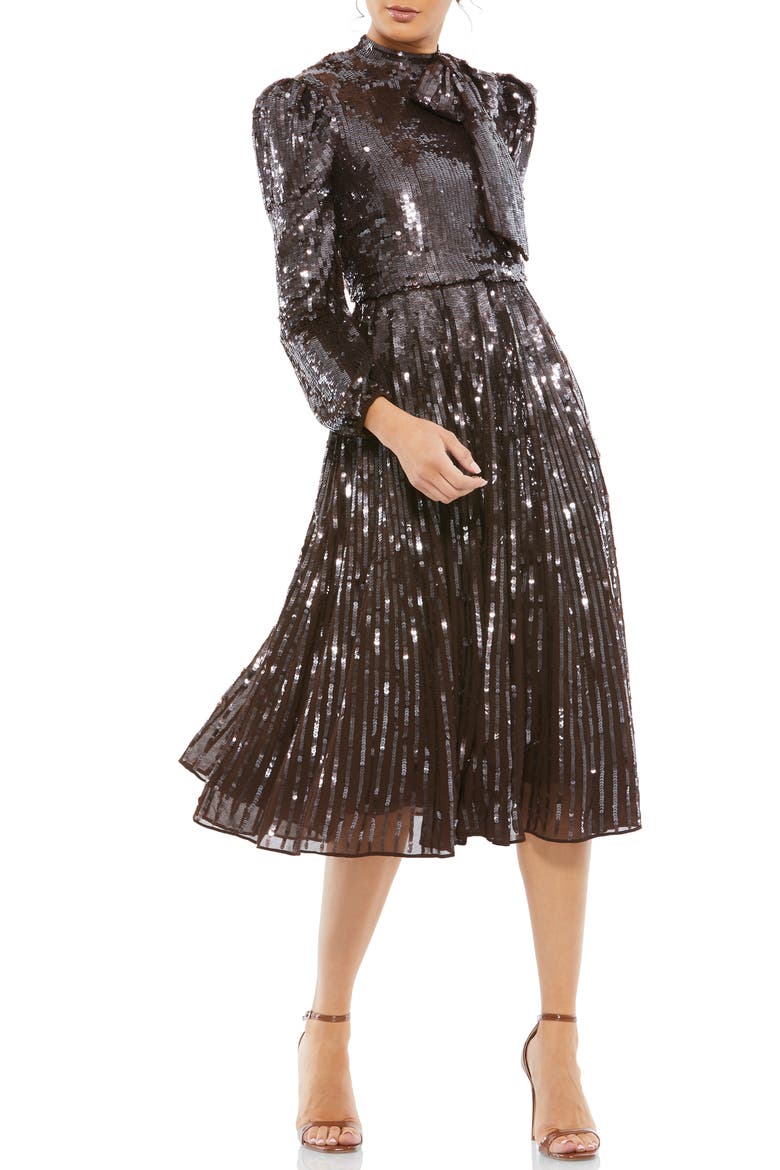 Long Sleeve Tea Length Sequin Dress, Main, color, DARK CHOCOLATE