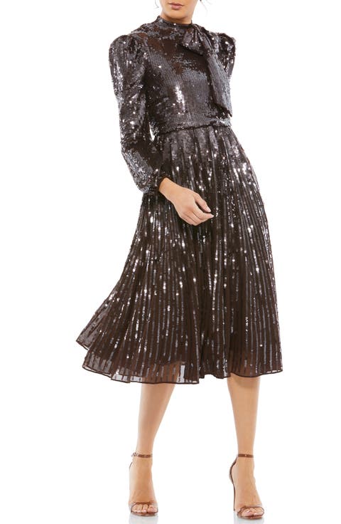 Long Sleeve Tea Length Sequin Dress