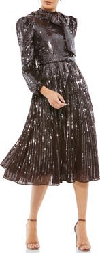 Mac Duggal Long Sleeve Tea Length Sequin Dress