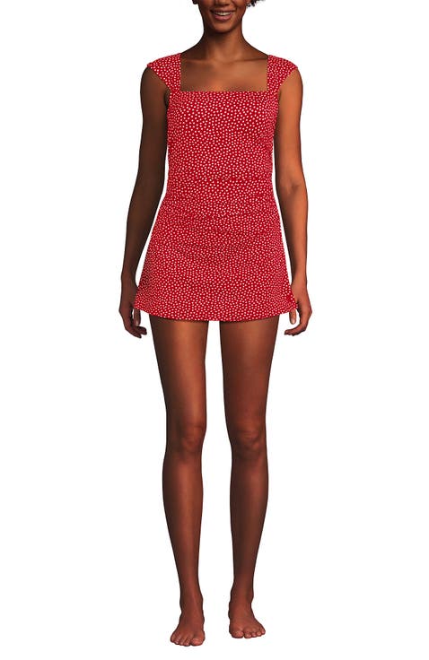 Chlorine Resistant Square Neck Ruched Swim Dress One Piece Swimsuit