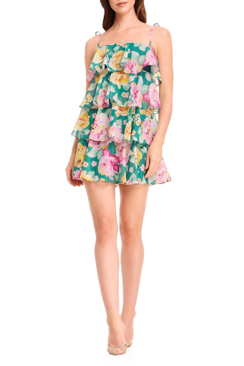 Pixie Metallic Stripe Floral Tiered Minidress, Main, color, PINE MULTI