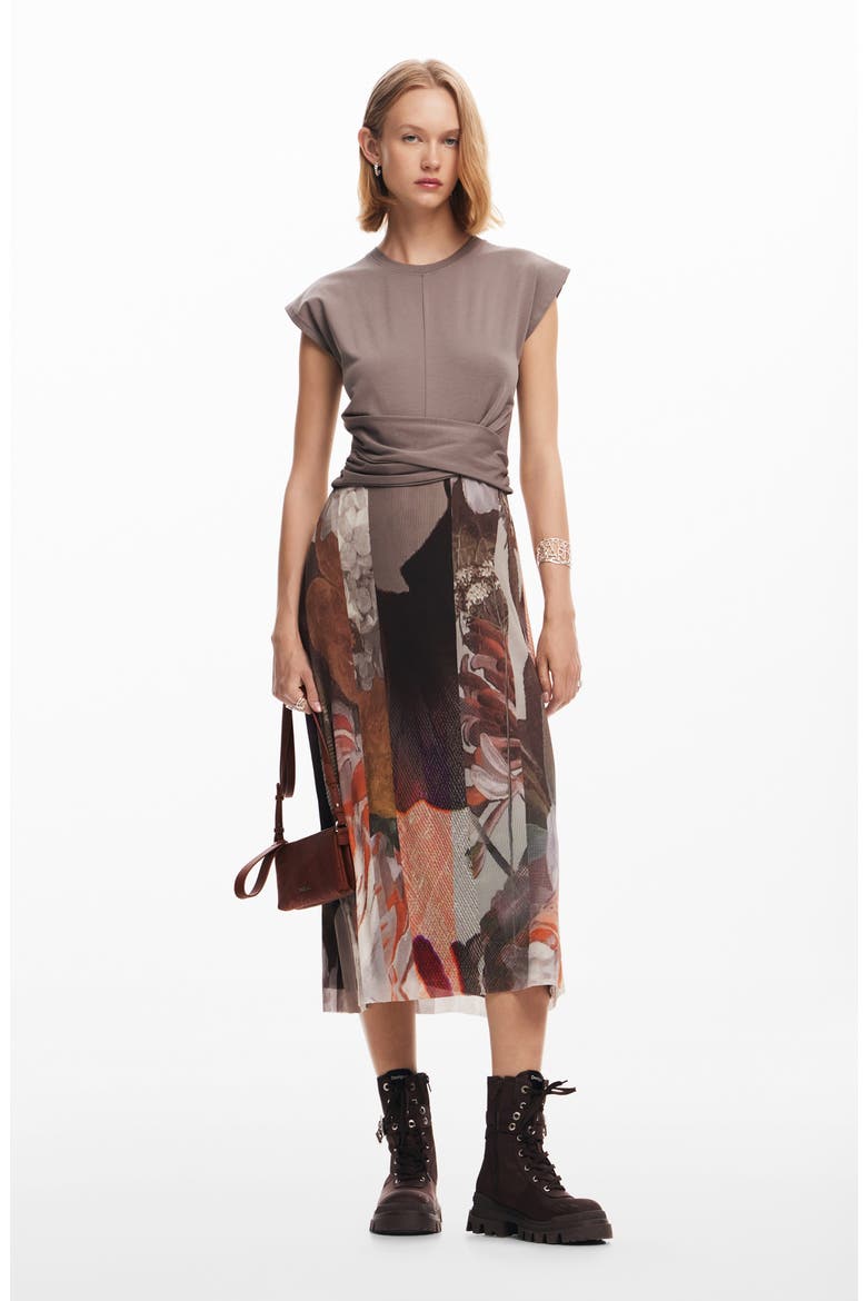 Mixed Media T-Shirt Midi Dress, Alternate, color, BROWN