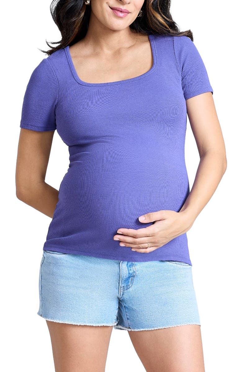 MOTHERHOOD MATERNITY Square Neck Rib Knit Short Sleeve Top, Main, color, Skipper Blue