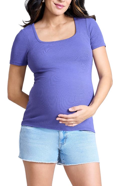 Square Neck Rib Knit Short Sleeve Top