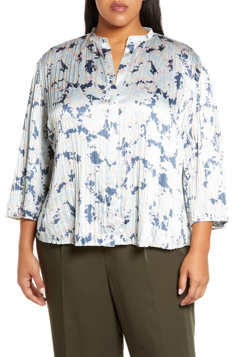 Pleated Lotus Print Blouse (Plus Size)