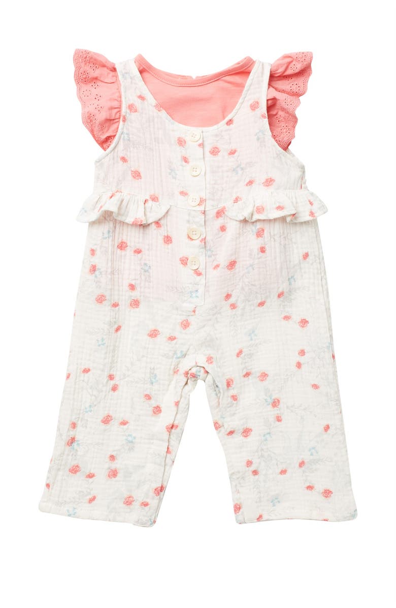 Jessica Simpson Cap Eyelet Sleeve Top & Floral Print Overalls Set, Main, color,