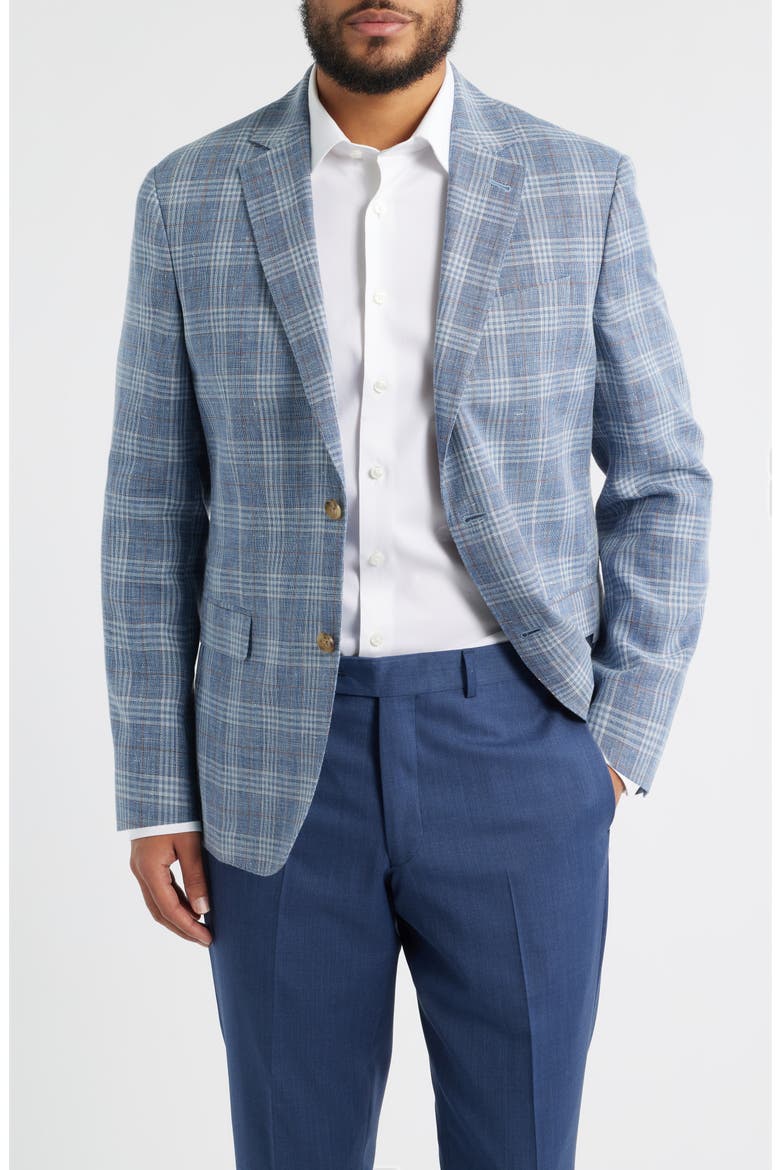 Henrik Trim Fit Plaid Slub Linen & Cotton Blend Sport Coat, Main, color, BLUE ENZO PLAID