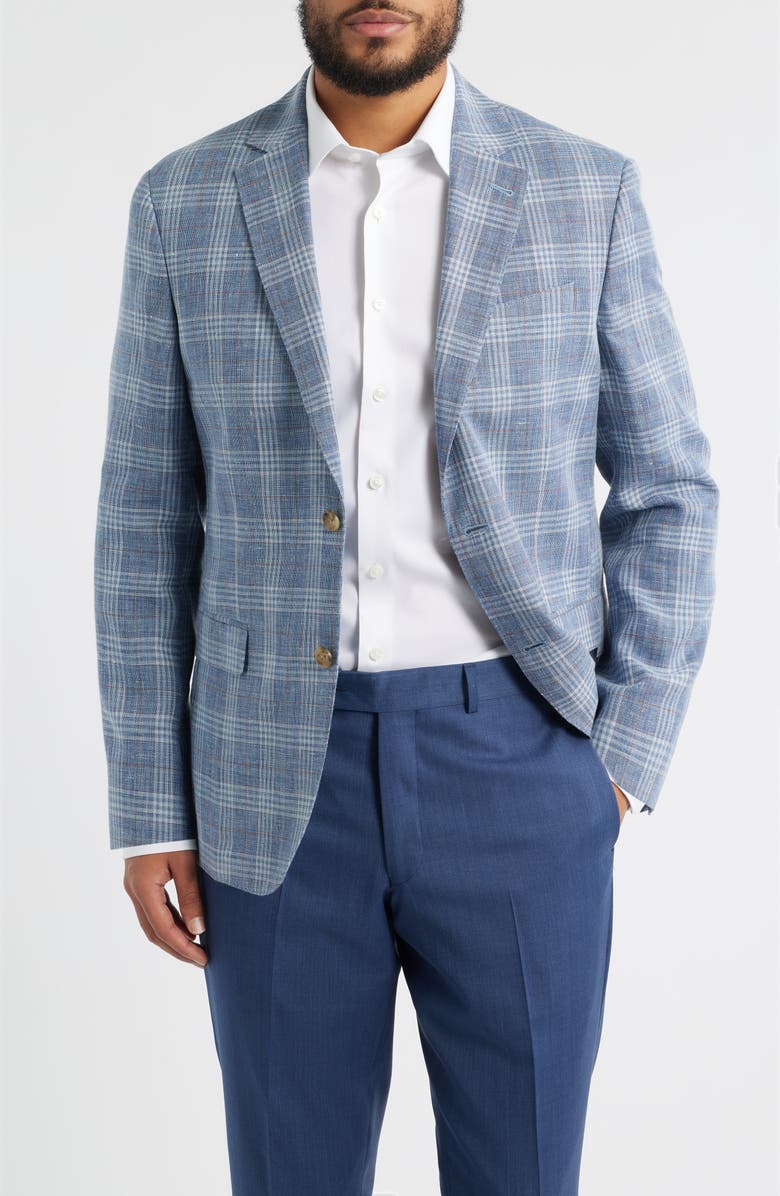 Nordstrom Henrik Trim Fit Plaid Slub Linen & Cotton Blend Sport Coat, Main, color, Blue Enzo Plaid