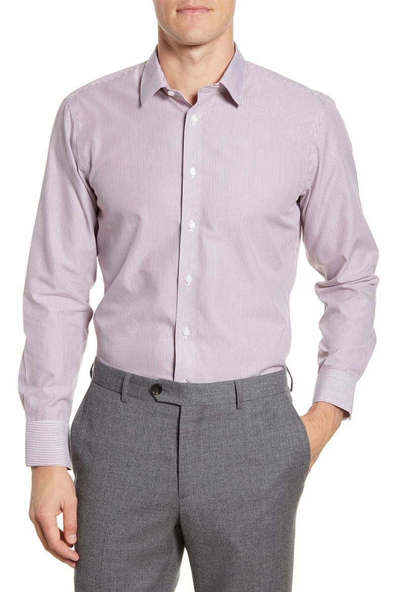 Trim Fit Stripe Dress Shirt, Main, color, BURGUNDY