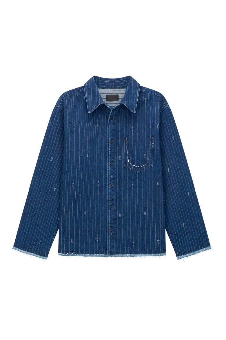 Cleo Pinstripe Raw Edge Denim Button-Up Shirt, Main, color, BLUE PINSTRIPE