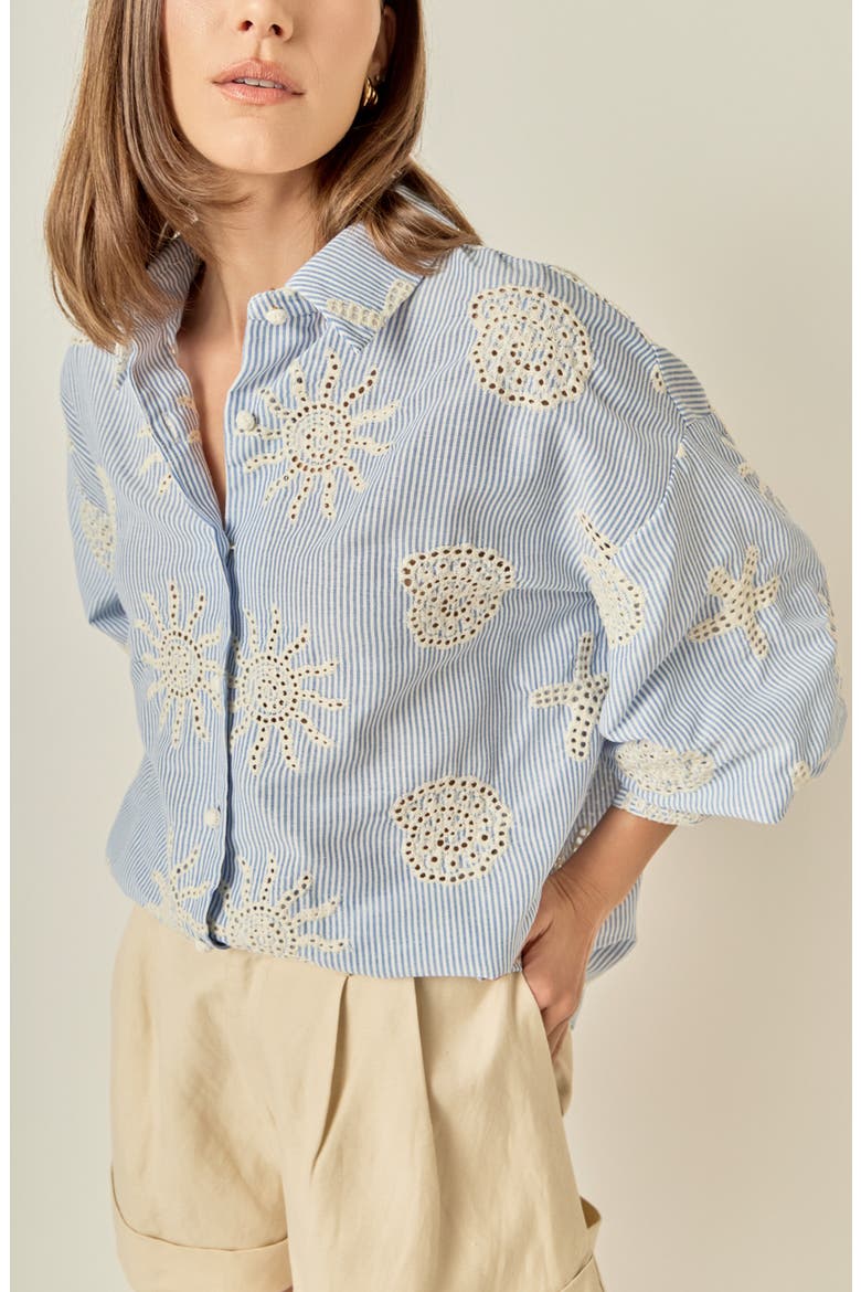 Striped Eyelet Embroidery Voluminous Shirt, Alternate, color, BLUE