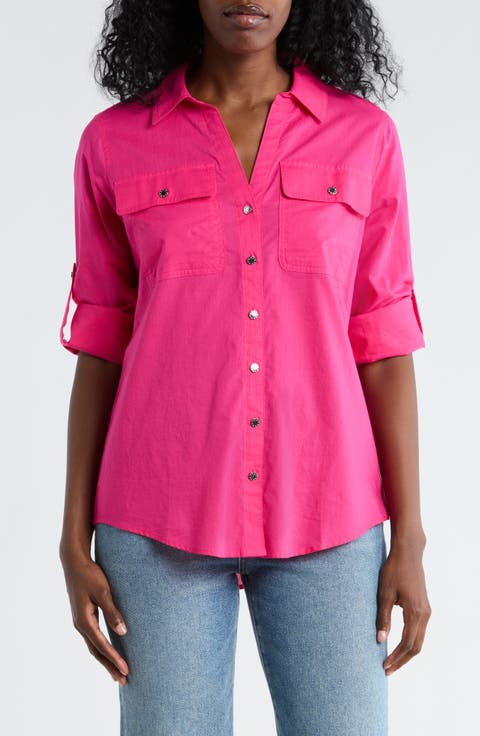 Solid Roll Sleeve Button-Up Shirt