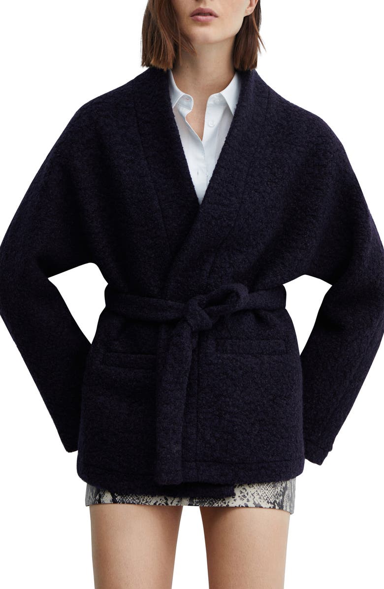 MANGO Tie Waist Coat, Main, color, Navy