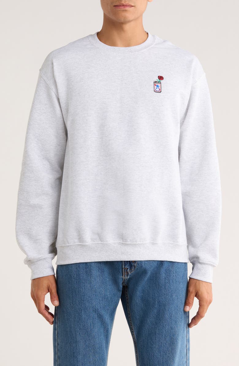 RIOT SOCIETY Beer Can Rose Embroidered Fleece Sweatshirt, Main, color, Grey