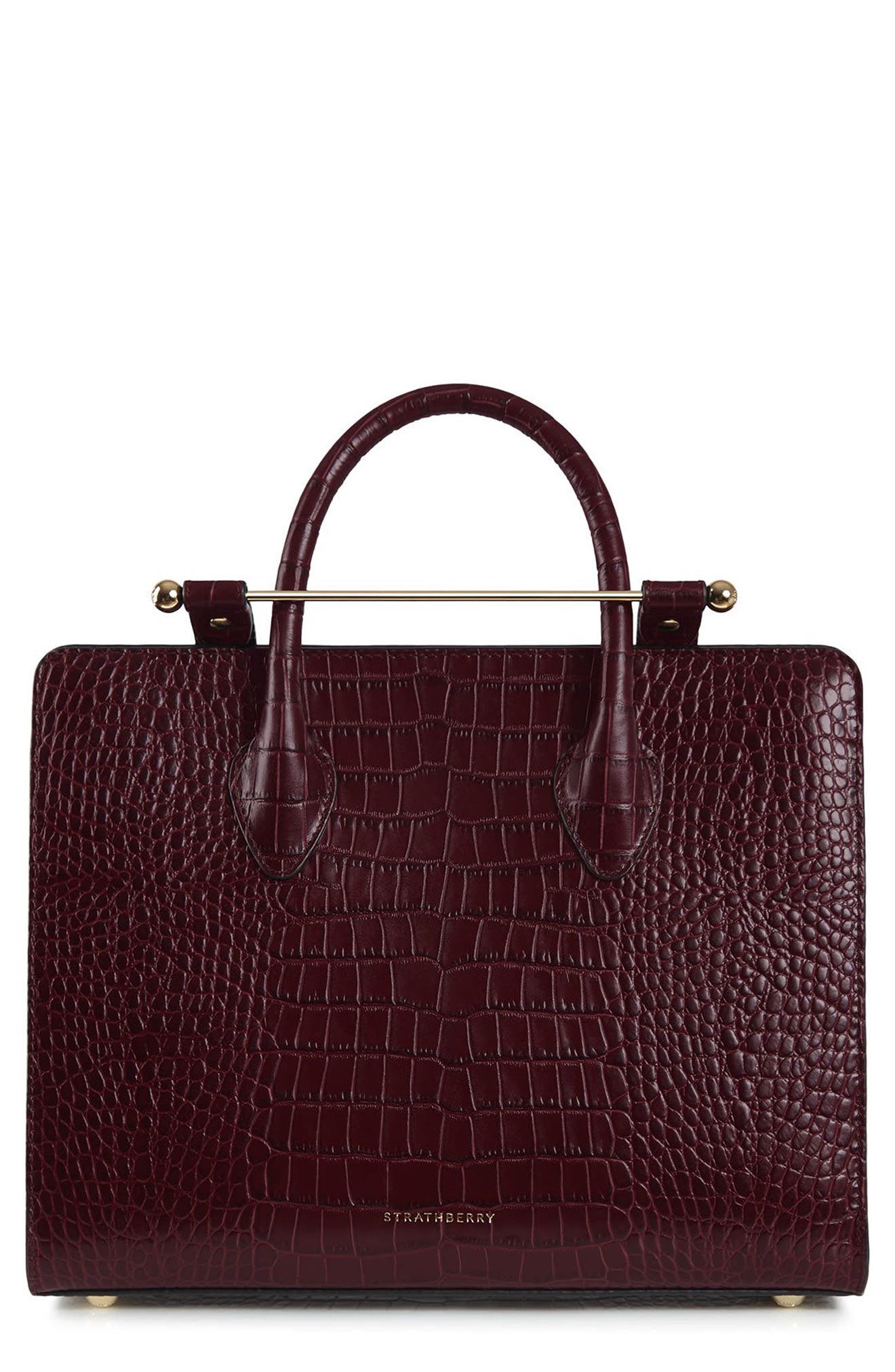 Strathberry Midi Croc Embossed Leather Tote, Main, color, Burgundy
