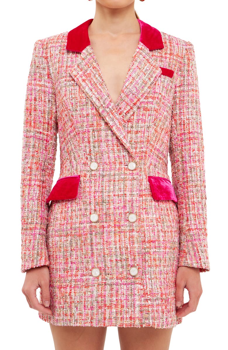 Endless Rose Premium Tweed Long Sleeve Blazer Minidress, Alternate, color, Pink