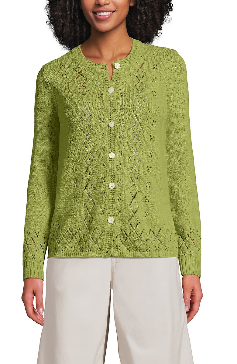 Lands' End Pointelle Crew Neck Cardigan Sweater, Main, color, Bright Pistachio