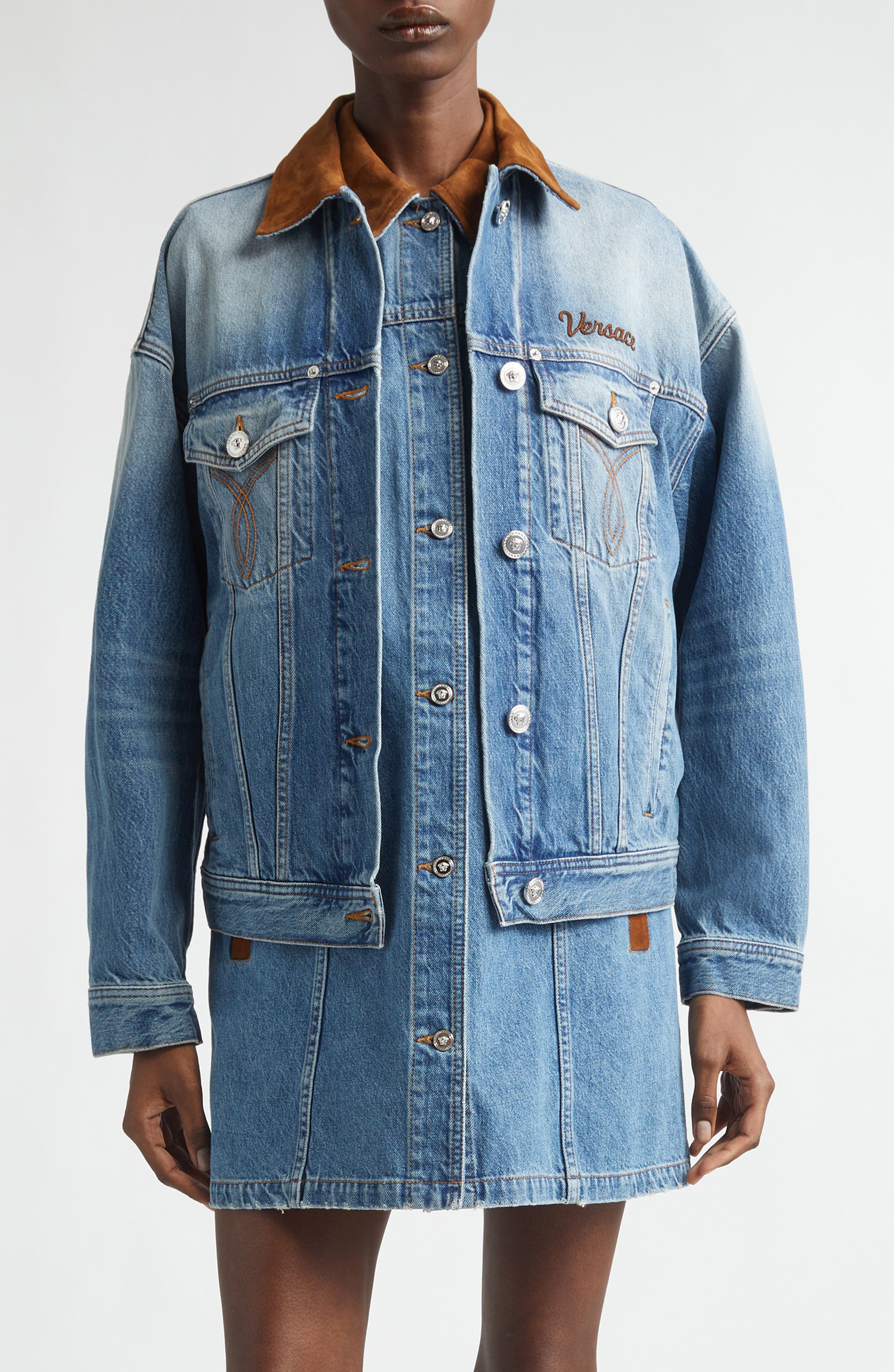 Suede Trim Stonewash Denim Trucker Jacket