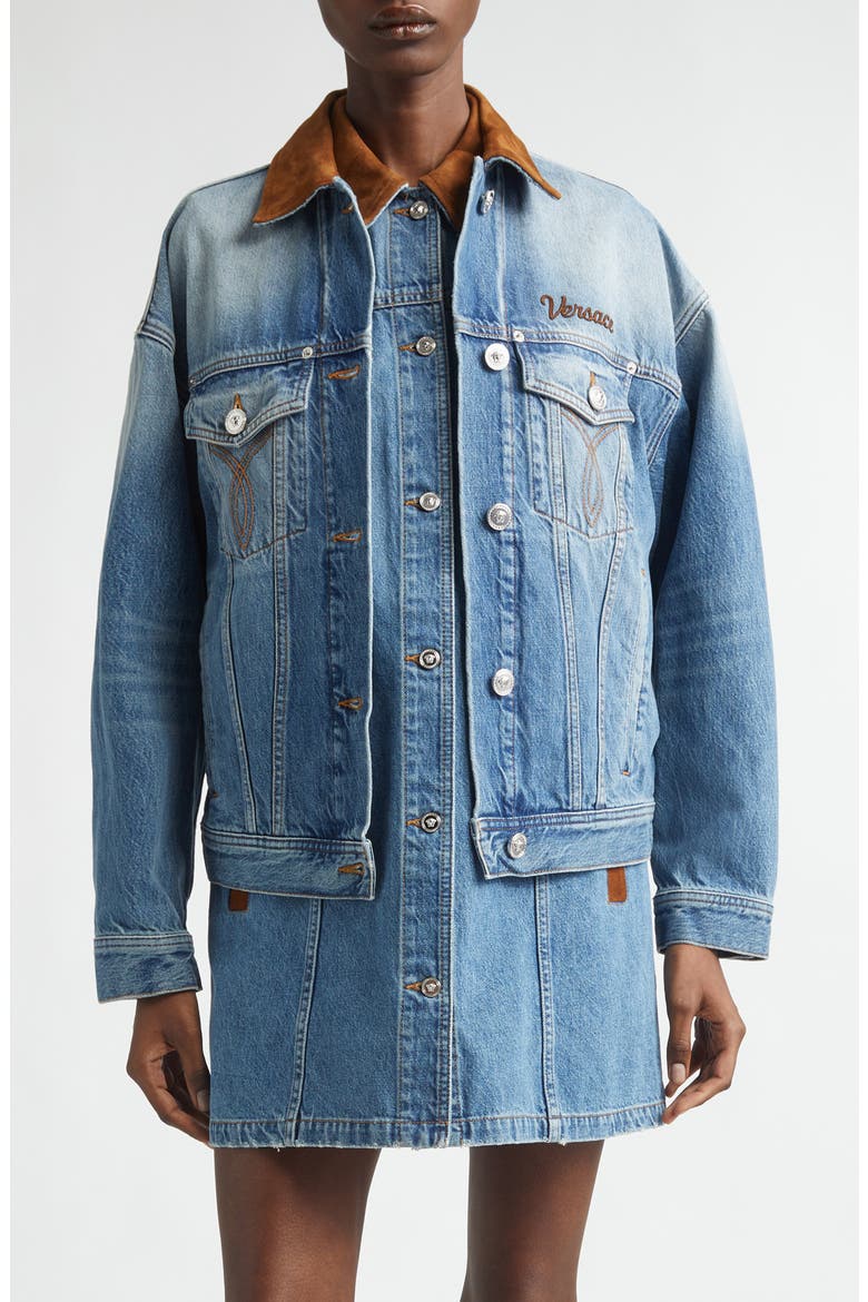 Suede Trim Stonewash Denim Trucker Jacket, Main, color, MEDIUM BLUE