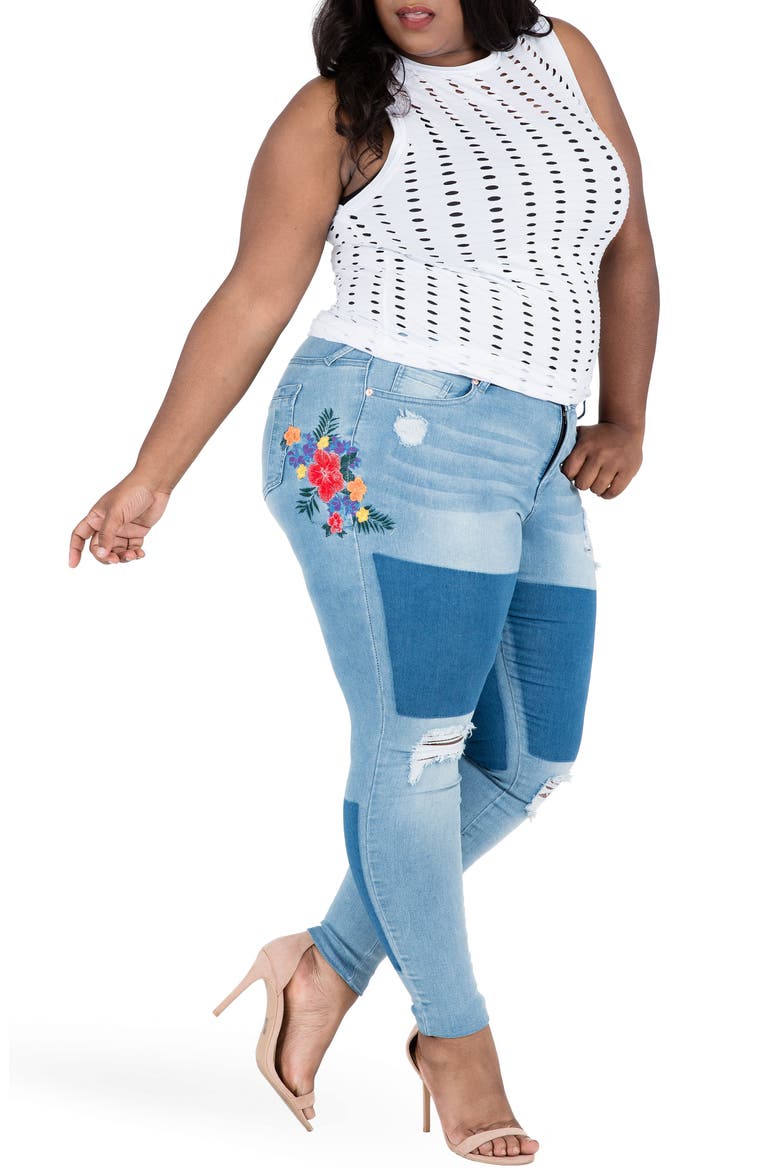 Madison Ripped & Embroidered Skinny Jeans, Alternate, color, BLUE