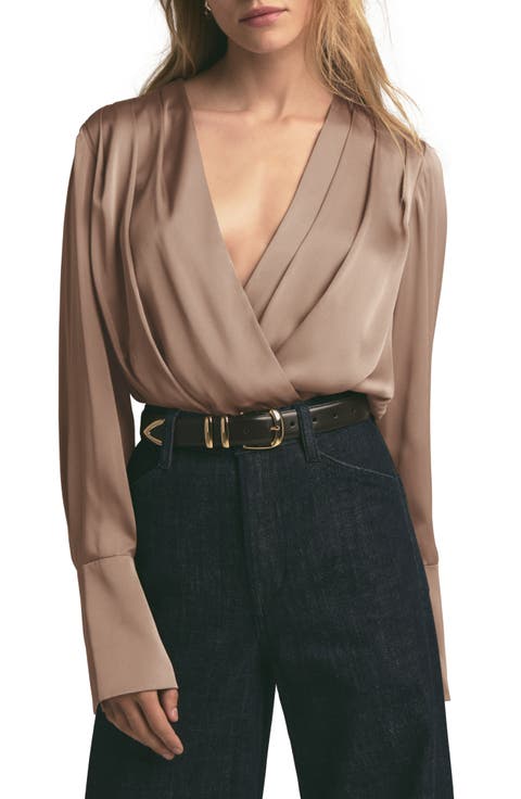 Surplice Long Sleeve Satin Bodysuit