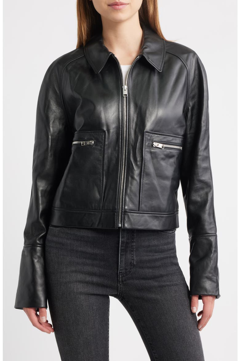 The Leather Zip Front Jacket, Alternate, color, BLACK