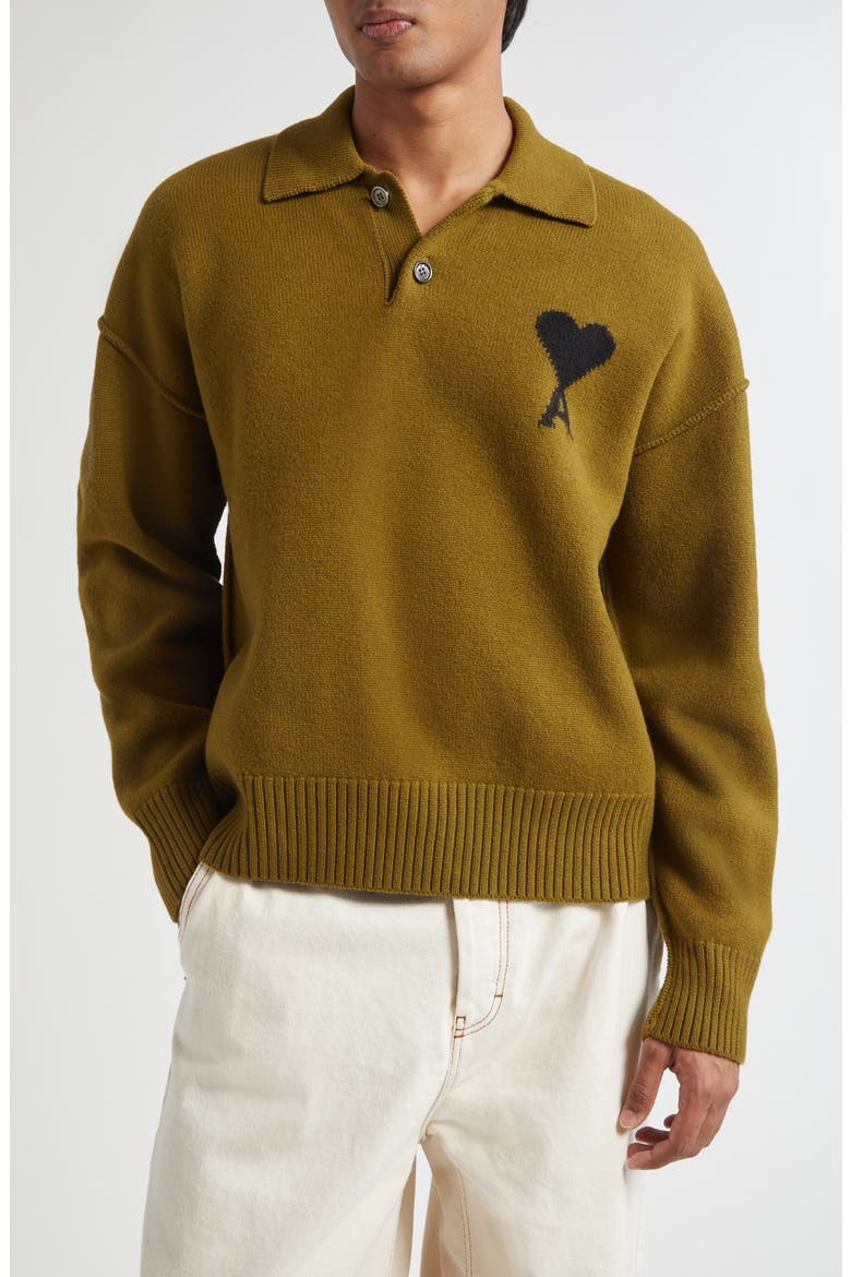 Ami de Coeur Monogram Felted Wool Polo Sweater, Main, color, BRONZE/ NOIR