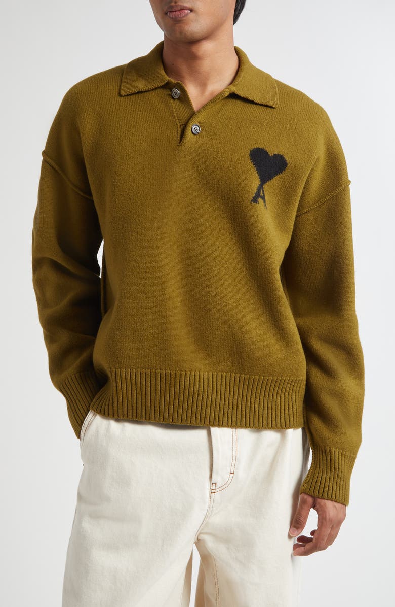 AMI PARIS Ami de Coeur Monogram Felted Wool Polo Sweater, Main, color, Bronze/ Noir