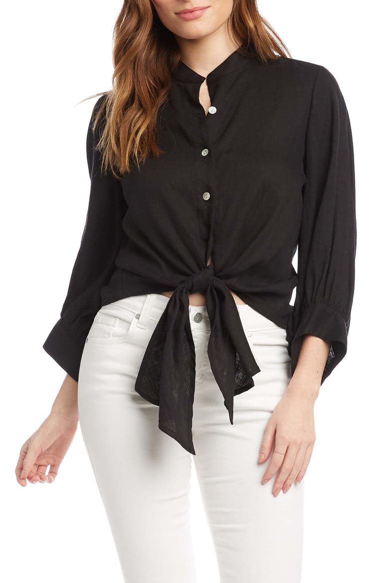 Tie Front Button-Up Shirt, Main, color, BLACK